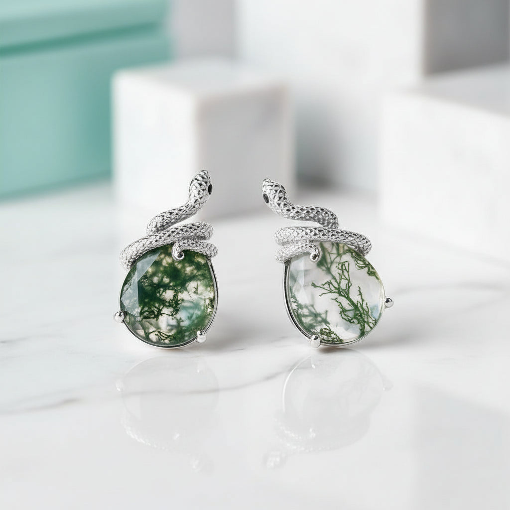 Two Lovers- Unique Snake Earrings Natural Moss Agate-Evani Jewelry