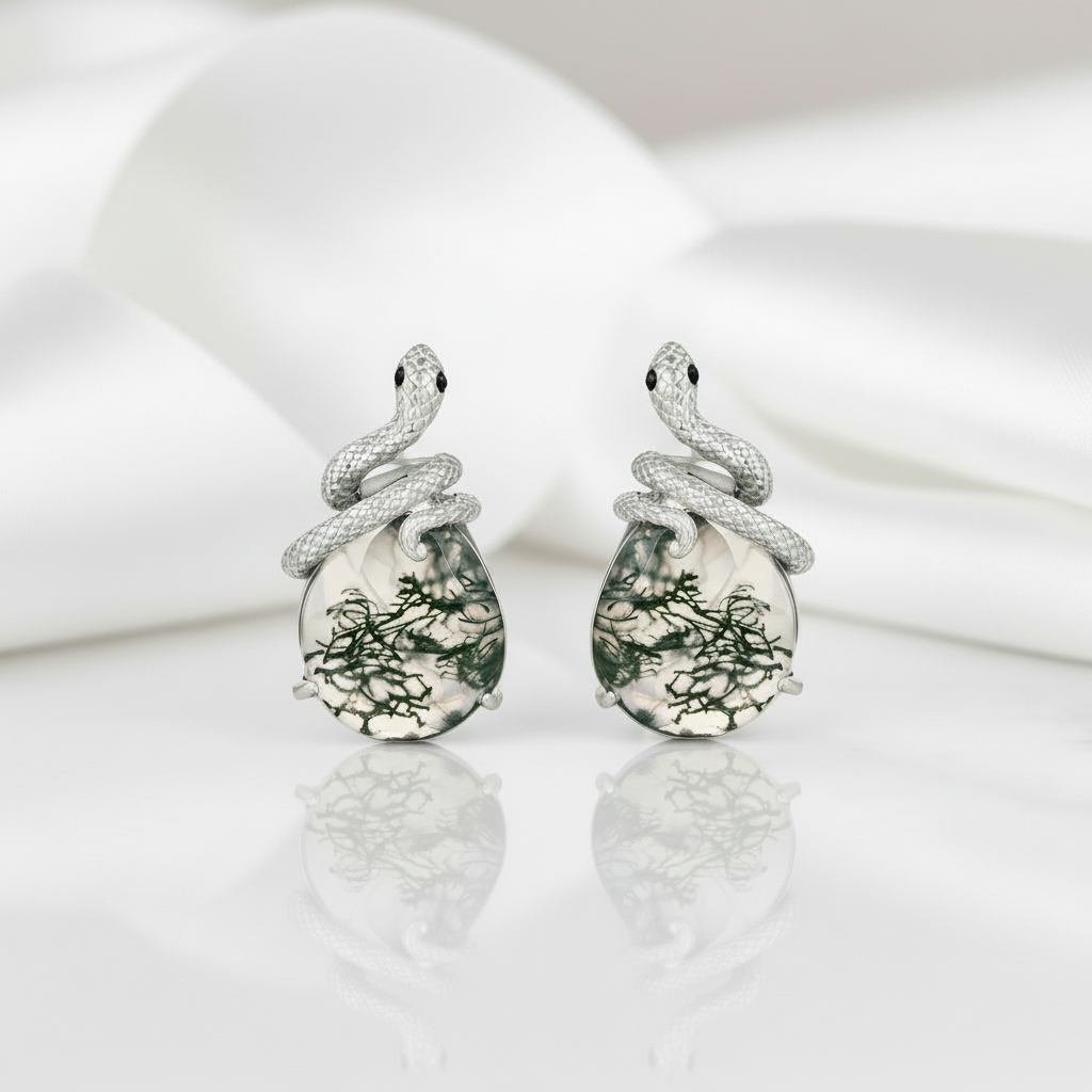 Two Lovers- Unique Snake Earrings Natural Moss Agate - Evani Naomi Jewelry