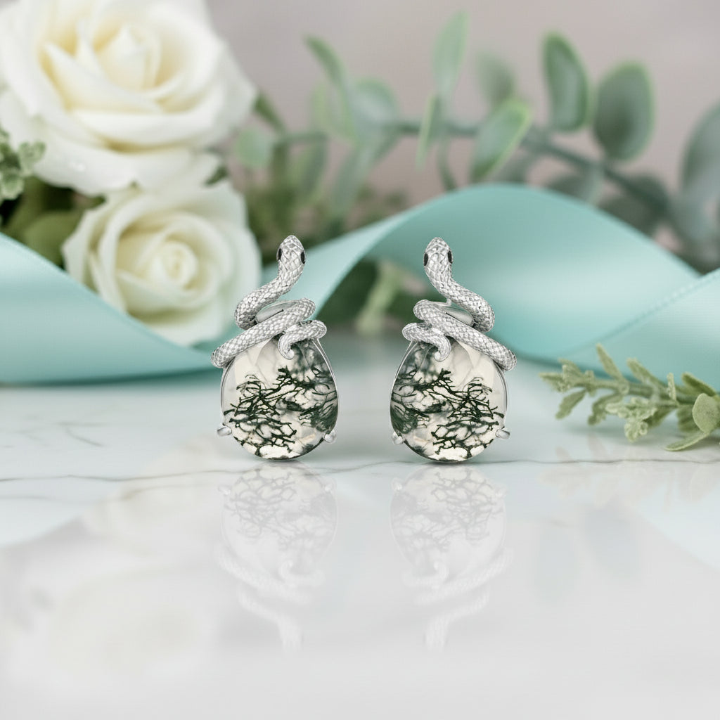 Two Lovers- Unique Snake Earrings Natural Moss Agate