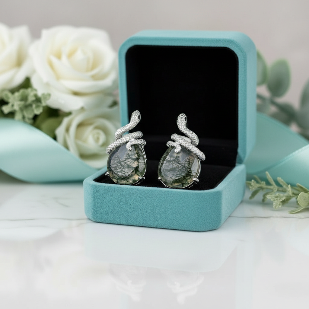 Two Lovers- Unique Snake Earrings Natural Moss Agate - Evani Naomi Jewelry