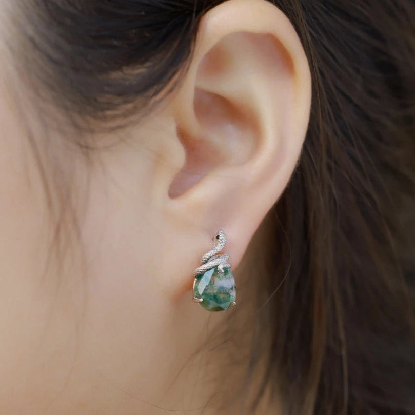 Two Lovers- Unique Snake Earrings Natural Moss Agate-Evani Naomi Jewelry