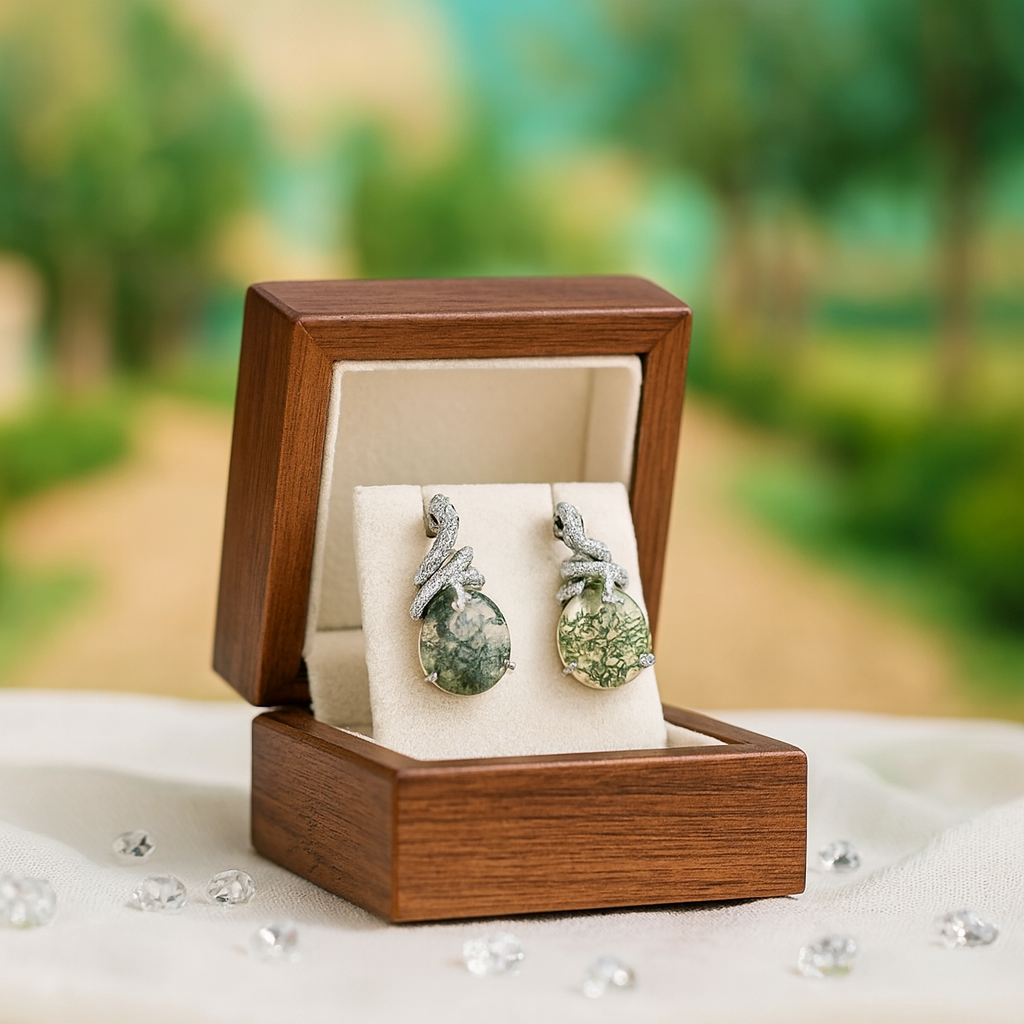 Two Lovers- Unique Snake Earrings Natural Moss Agate-Evani Jewelry