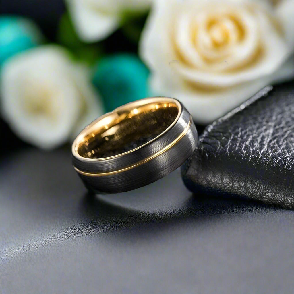 Two Tone Tungsten Wedding Band with Asymmetric Gold Thread-Evani Naomi Jewelry