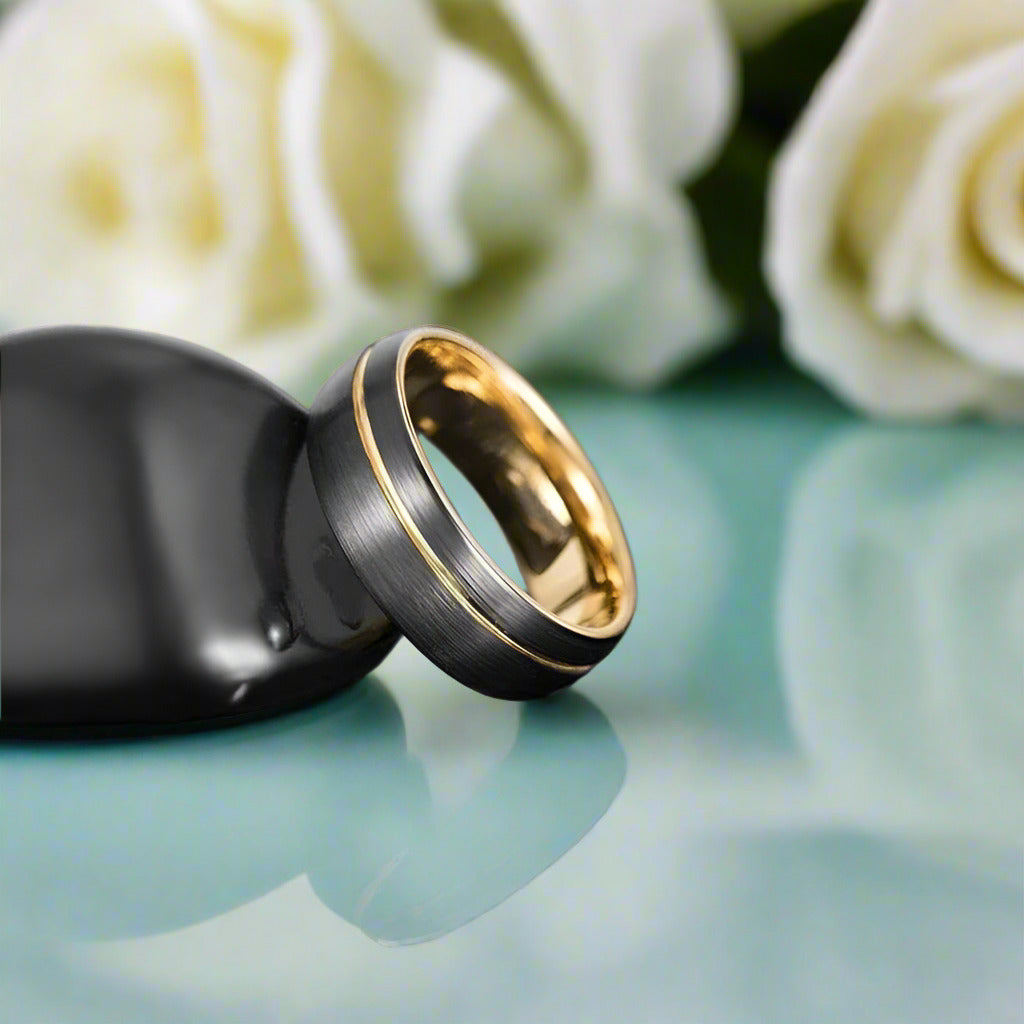 Two Tone Tungsten Wedding Band with Asymmetric Gold Thread-Evani Naomi Jewelry