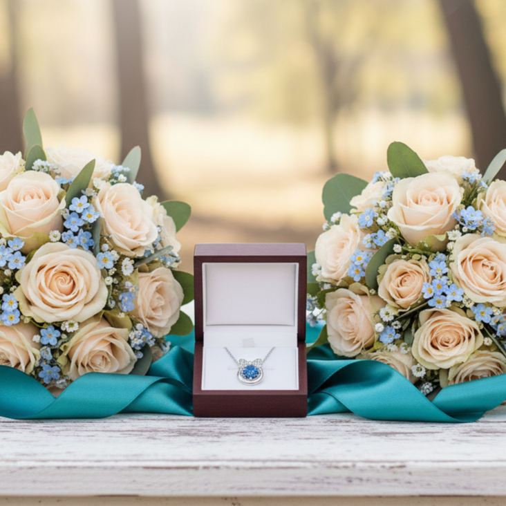 Two bouquets of flowers with a necklace in a box on a wooden surface outdoors.