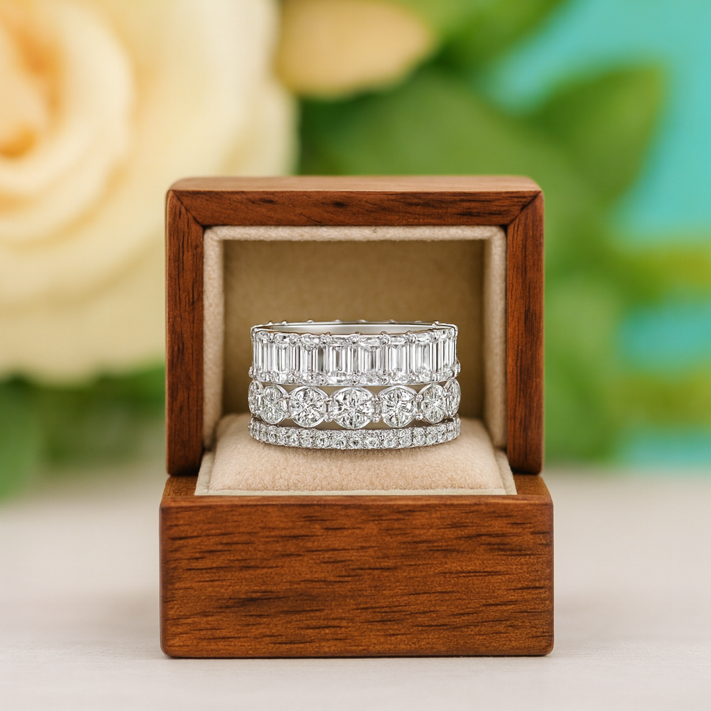 Two diamond rings in a wooden box with a blurred floral background