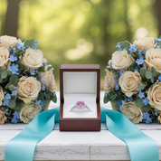 Two flower bouquets with a ring box on a wooden bench in a forest setting