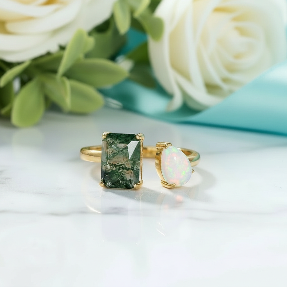 Beneath the Sentinel Trees- Natural Moss Agate Adjustable Rings-Evani Jewelry