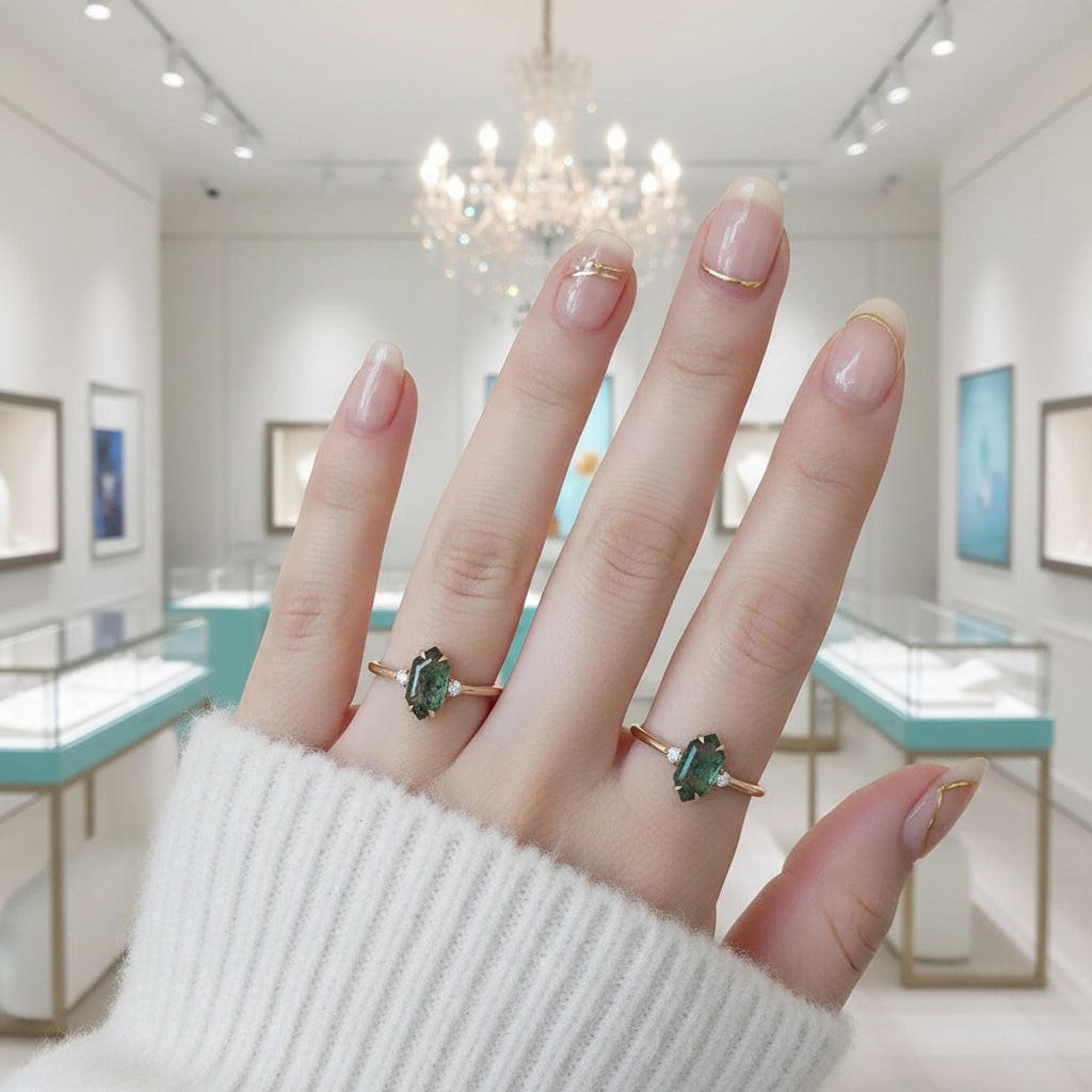 Stamped with Love- Geometric Moss Agate Gold Open Rings-Evani Jewelry