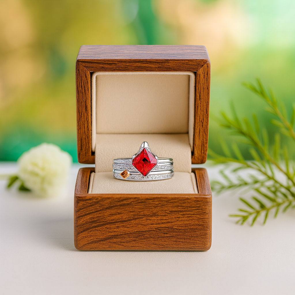 Two rings in a wooden box with a red gemstone on a natural background