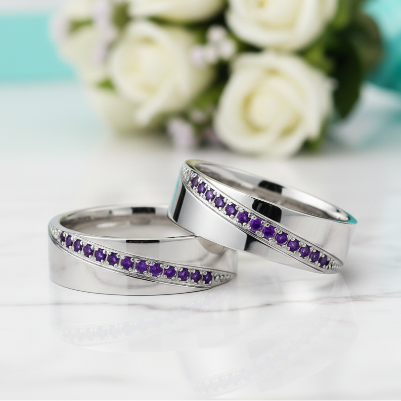 Unisex Amethyst Titanium Eternity Wedding Band-Evani Jewelry