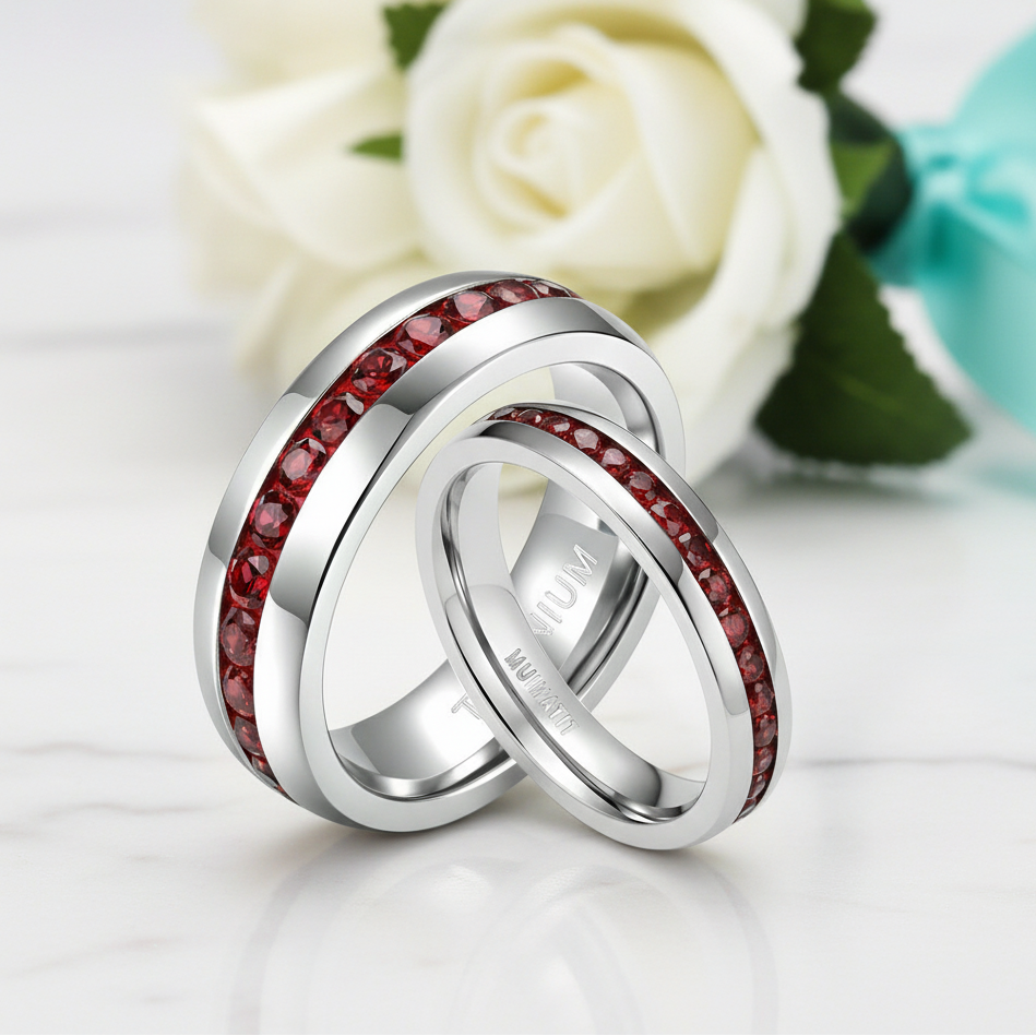 Two silver rings with red gemstones on a light green background