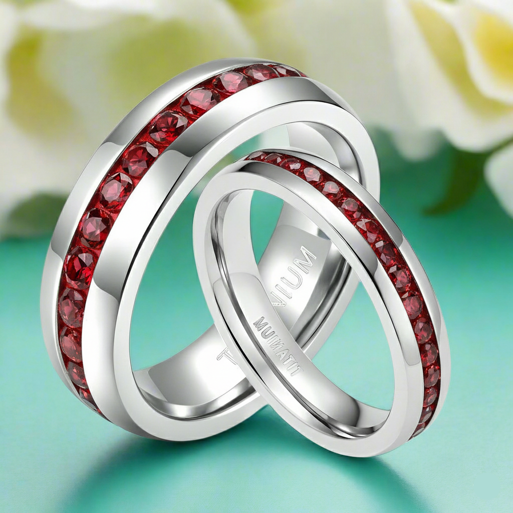 Two silver rings with red gemstones on a light green background