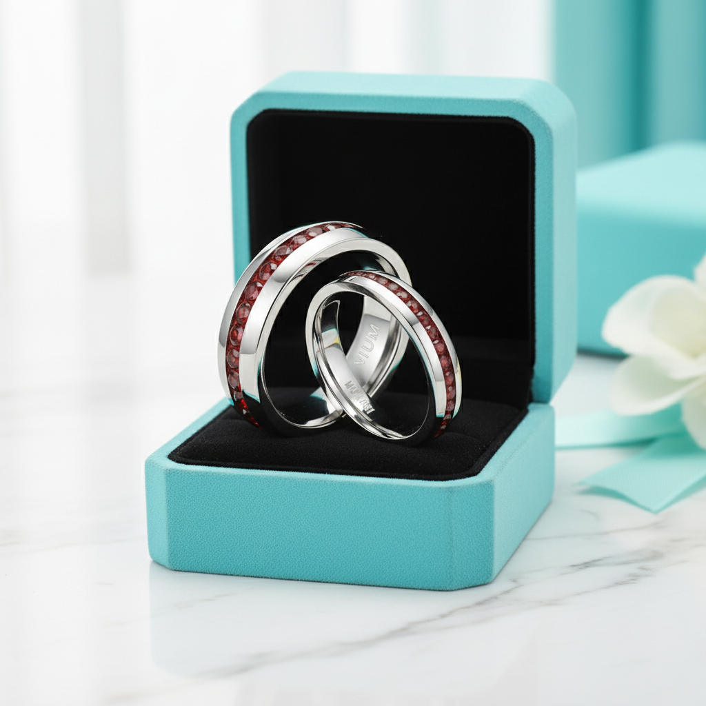 Elegant Titanium Ruby Birthstone Wedding Band-Evani Jewelry