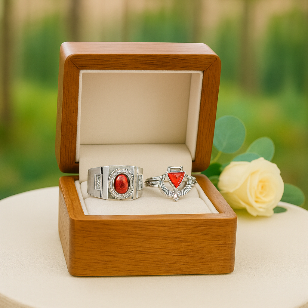 Two silver rings with red stones in a wooden box against a blurred green background