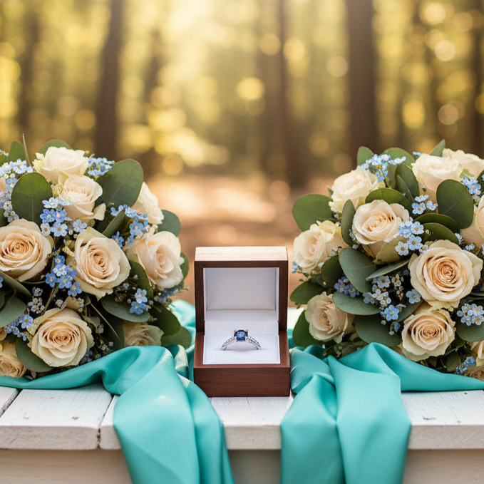 Two wedding bouquets on a bench with a ring box in a forest setting