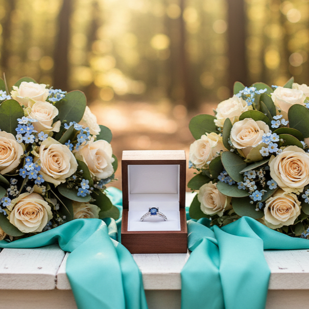 Two wedding bouquets on a bench with a ring box in a forest setting