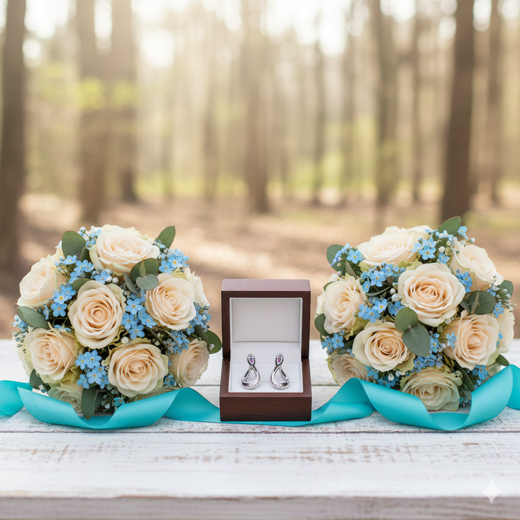 Two wedding bouquets with blue and white flowers and a box of earrings on a wooden table outdoors.