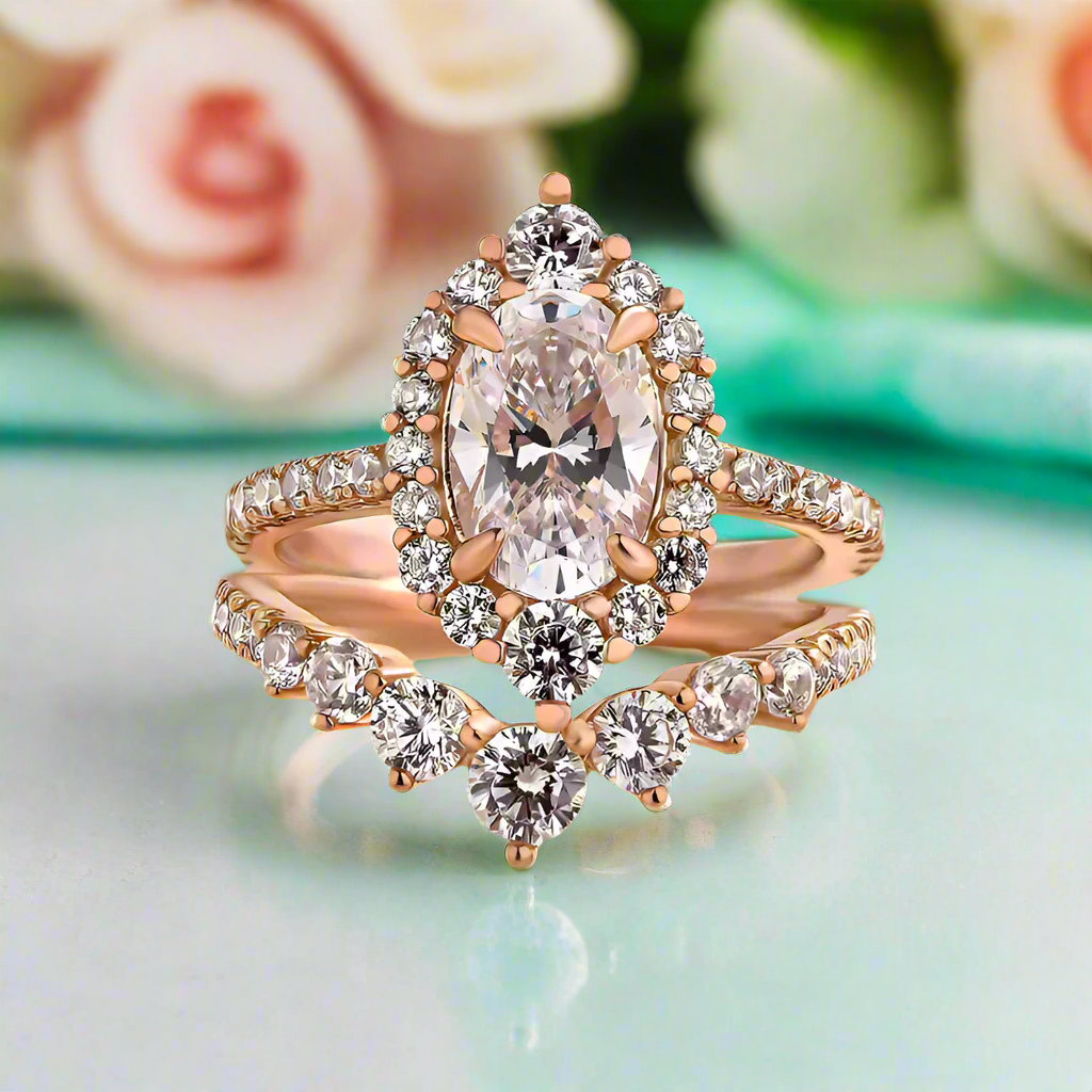 Unique 2.0 Ct Halo Oval Cut Rose Gold Wedding Set-Evani Naomi Jewelry