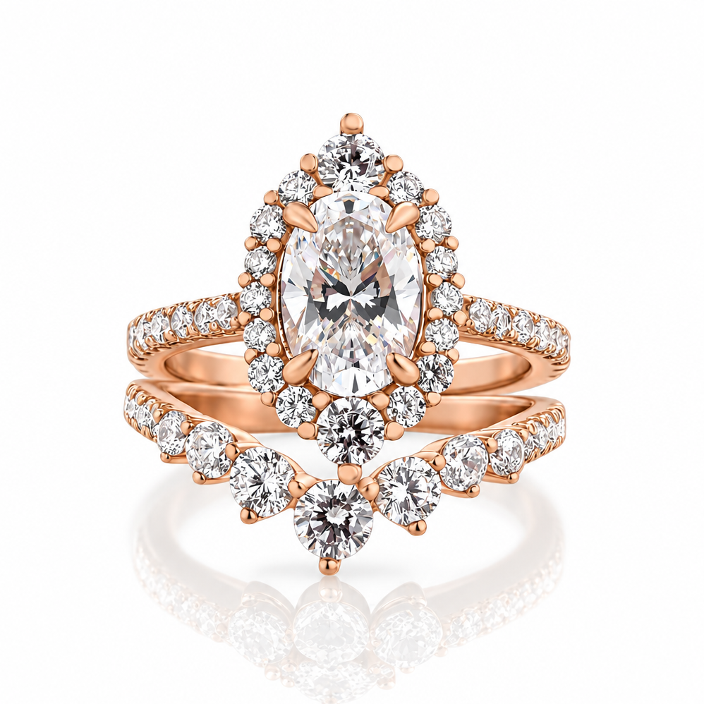 Unique 2.0 Ct Halo Oval Cut Rose Gold Wedding Set-Evani Jewelry