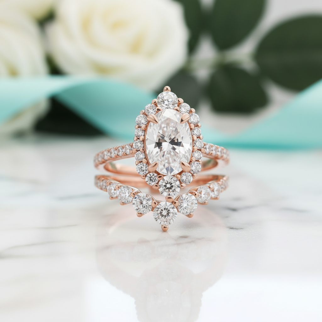 Unique 2.0 Ct Halo Oval Cut Rose Gold Wedding Set-Evani Jewelry