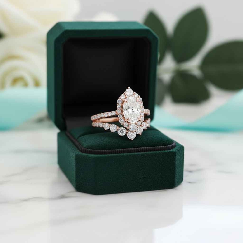 Unique 2.0 Ct Halo Oval Cut Rose Gold Wedding Set - Evani Naomi Jewelry