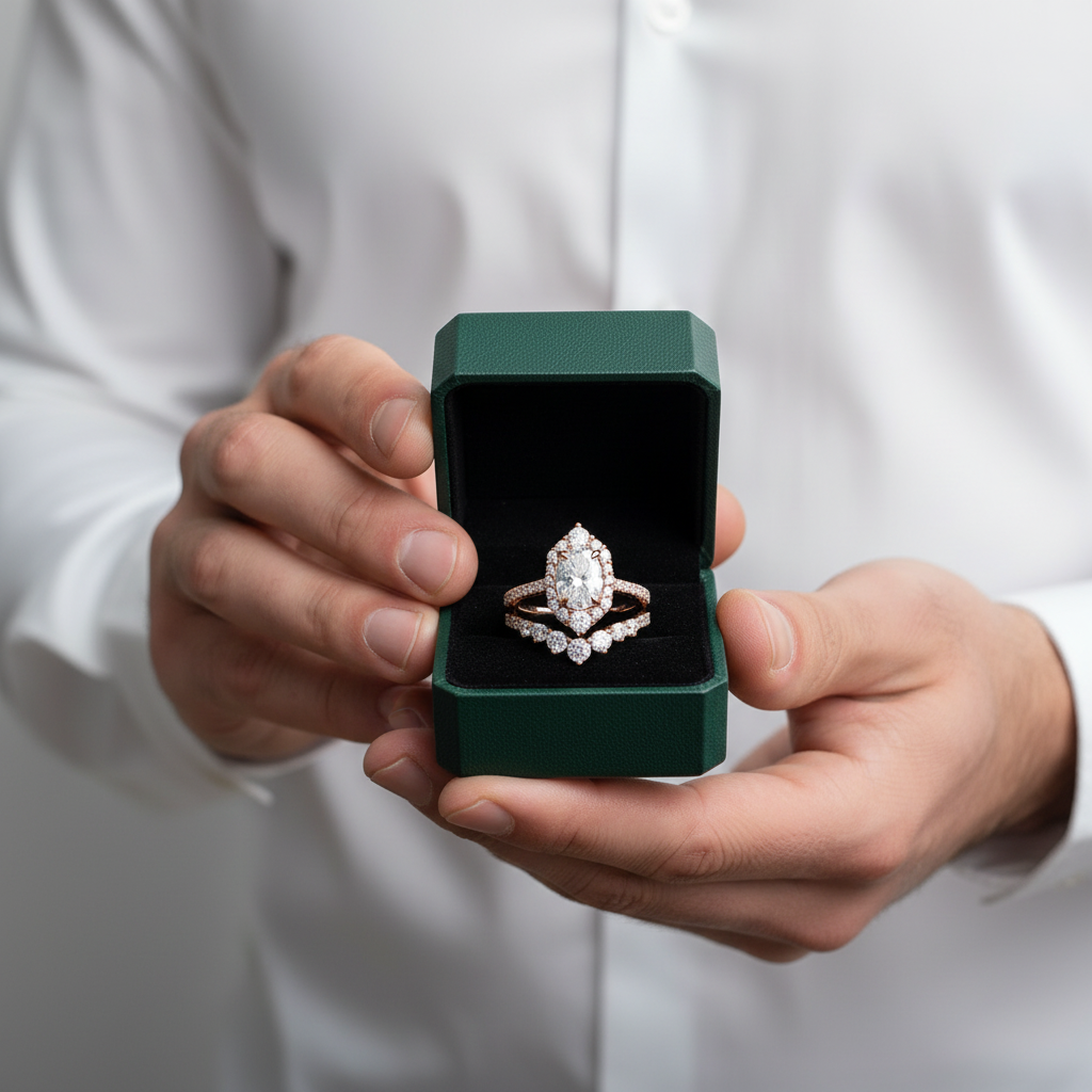 Unique 2.0 Ct Halo Oval Cut Rose Gold Wedding Set - Evani Naomi Jewelry