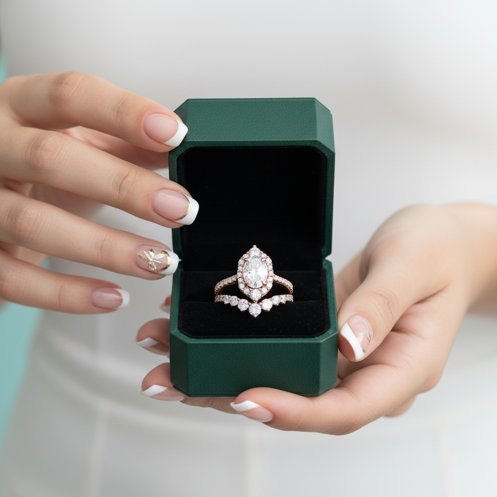 Unique 2.0 Ct Halo Oval Cut Rose Gold Wedding Set - Evani Naomi Jewelry