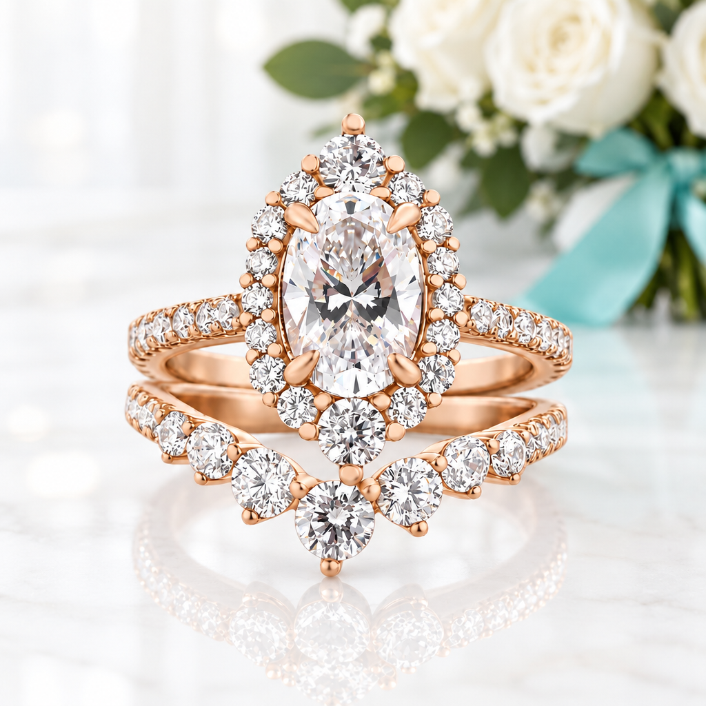 Unique 2.0 Ct Halo Oval Cut Rose Gold Wedding Set - Evani Naomi Jewelry
