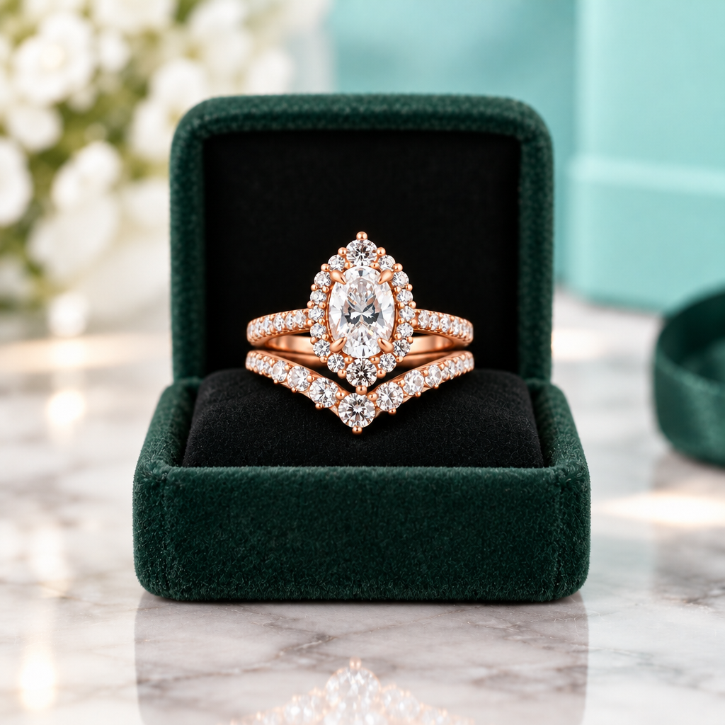 Unique 2.0 Ct Halo Oval Cut Rose Gold Wedding Set - Evani Naomi Jewelry