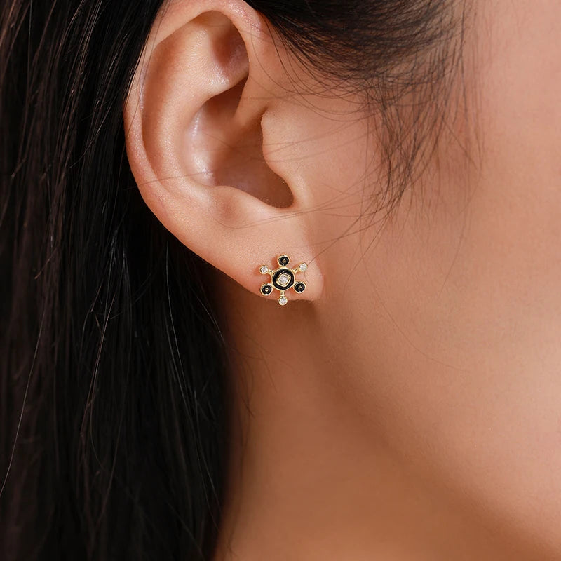 Unique Black Enamel Round Bubbles Diamond Earrings-Evani Naomi Jewelry