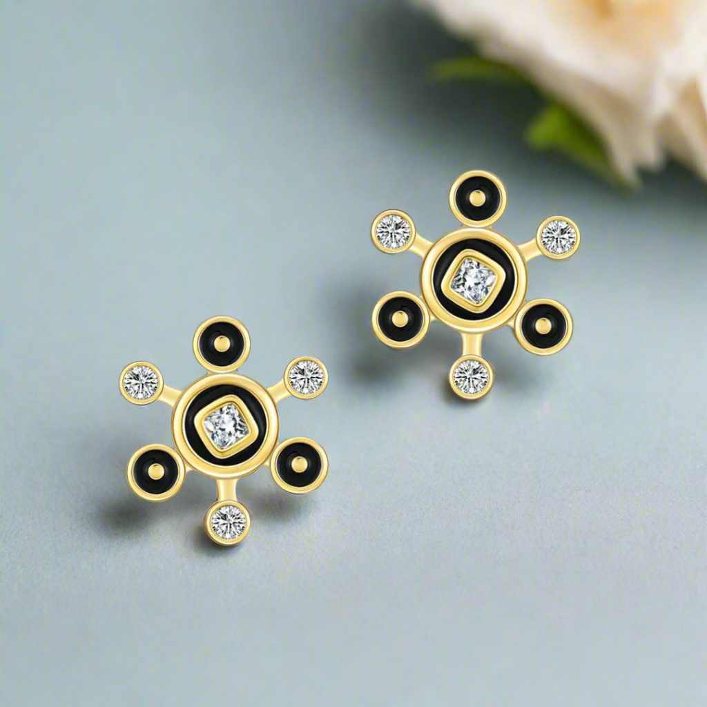 Unique Black Enamel Round Bubbles Diamond Earrings-Evani Naomi Jewelry