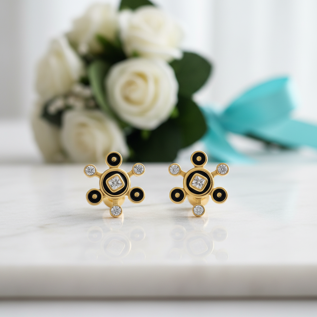 Unique Black Enamel Round Bubbles Diamond Earrings-Evani Jewelry