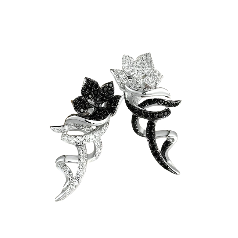 Unique Black & Silver Flower with Vines Clip Earrings-Evani Naomi Jewelry