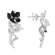 Unique Black & Silver Flower with Vines Clip Earrings-Evani Naomi Jewelry
