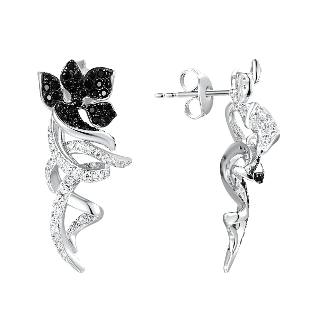 Unique Black & Silver Flower with Vines Clip Earrings-Evani Naomi Jewelry