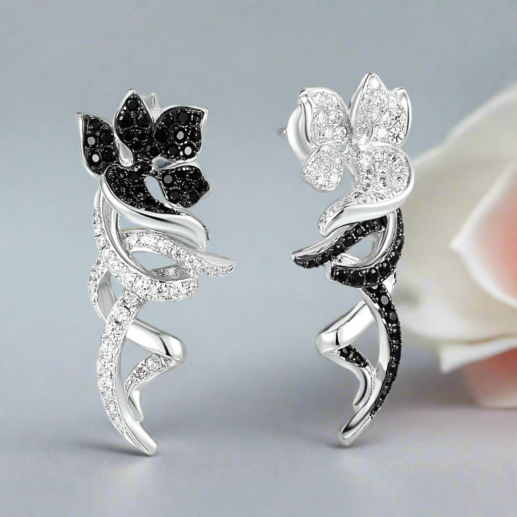 Unique Black & Silver Flower with Vines Clip Earrings-Evani Naomi Jewelry
