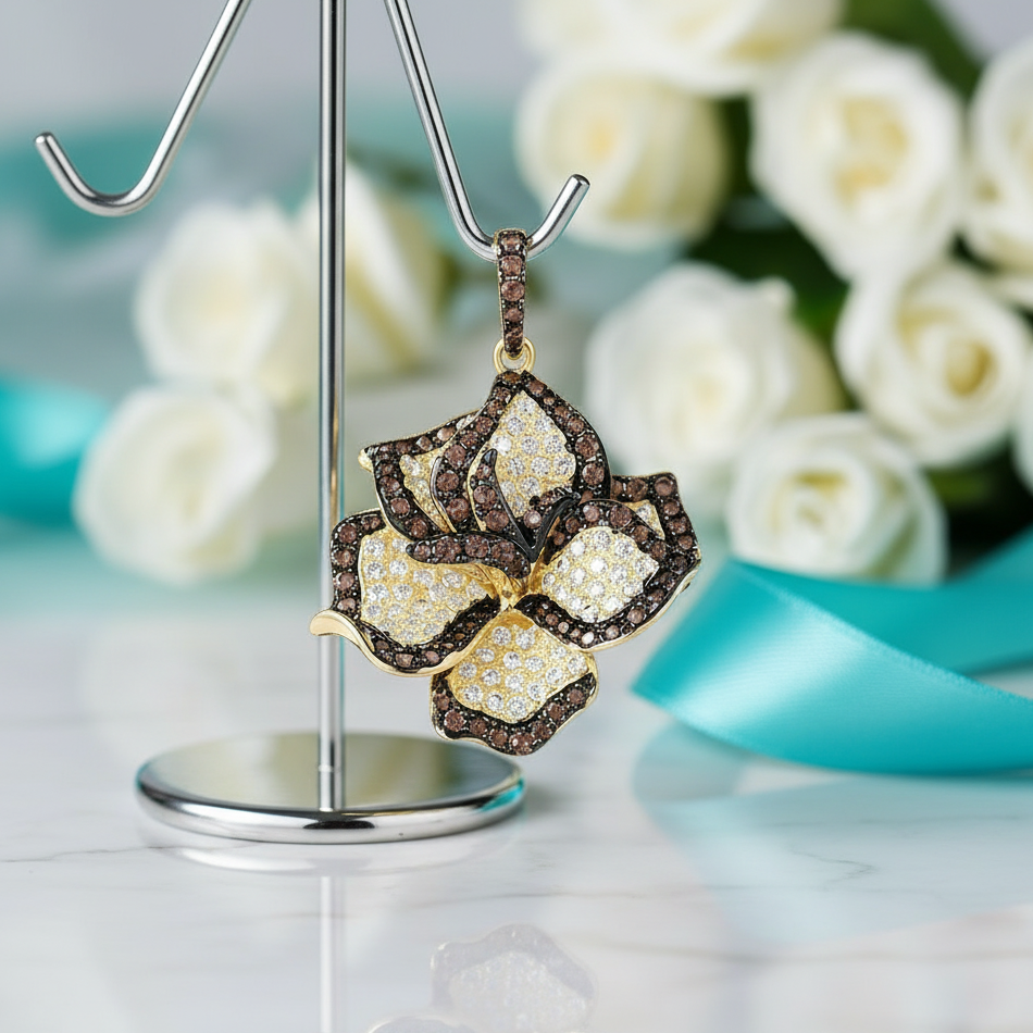 Unique Diamond Orchid Flower Topaz Gold Pendant-Evani Jewelry