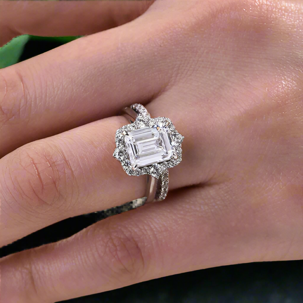 Unique Emerald Cut 3.0ct Diamond with Halo Bridal Set-Evani Jewelry