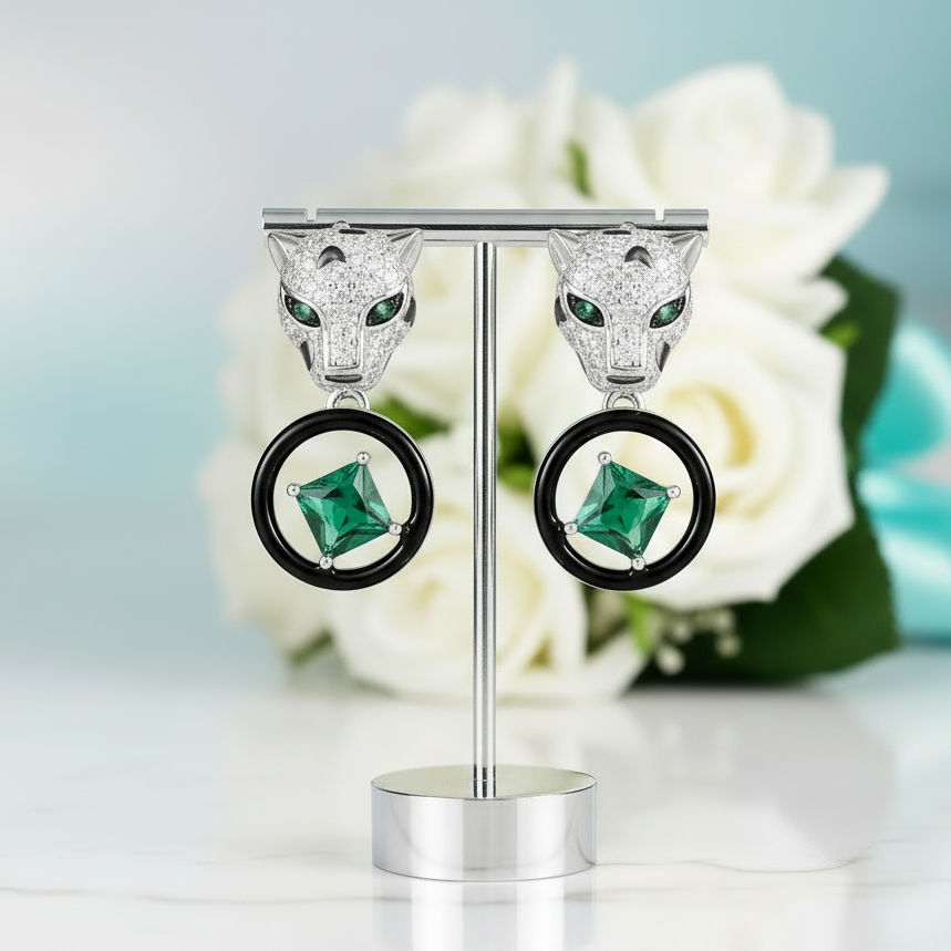 Unique Leopard Emerald Birthstone Stud Earrings