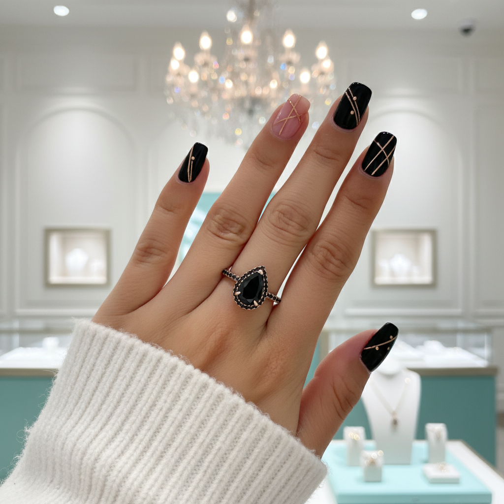 Unique Pear Cut Black Diamond with Halo Rose Gold Engagement Ring-Evani Jewelry