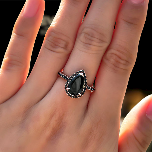 Unique Pear Cut Black Diamond with Halo Rose Gold Engagement Ring-Evani Naomi Jewelry