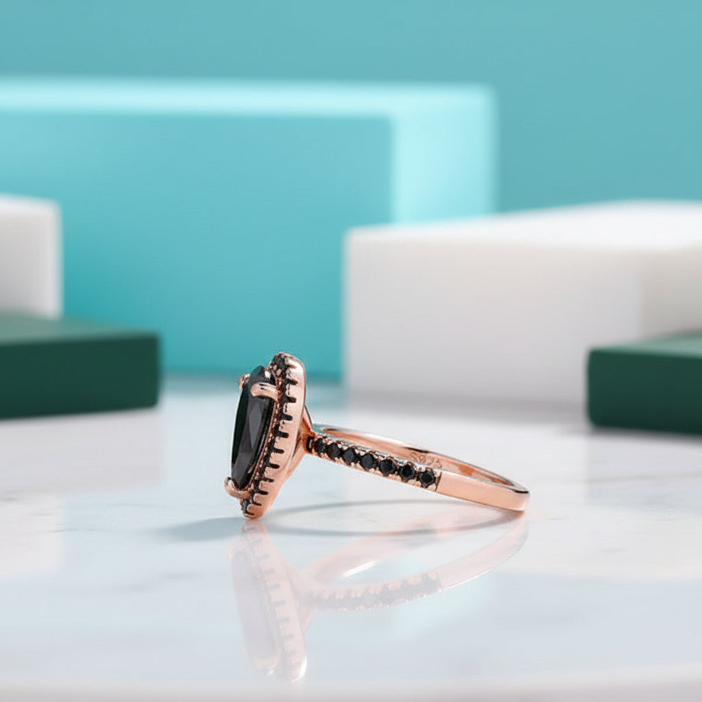 Unique Pear Cut Black Diamond with Halo Rose Gold Engagement Ring-Evani Jewelry