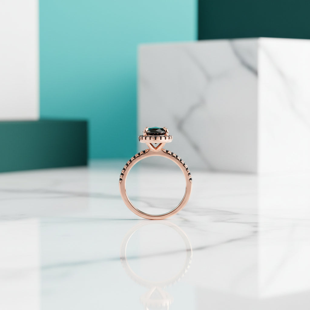 Unique Pear Cut Black Diamond with Halo Rose Gold Engagement Ring-Evani Jewelry