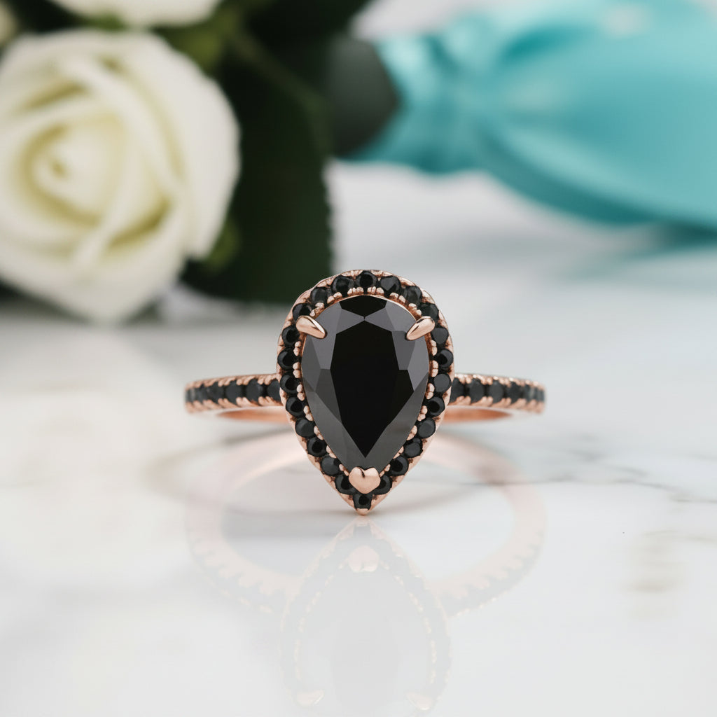 Unique Pear Cut Black Diamond with Halo Rose Gold Engagement Ring-Evani Jewelry
