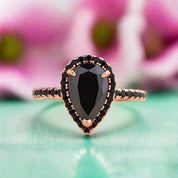Unique Pear Cut Black Diamond with Halo Rose Gold Engagement Ring-Evani Naomi Jewelry