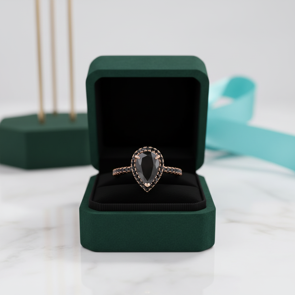 Unique Pear Cut Black Diamond Option with Halo Rose Gold Engagement Ring - Evani Naomi Jewelry