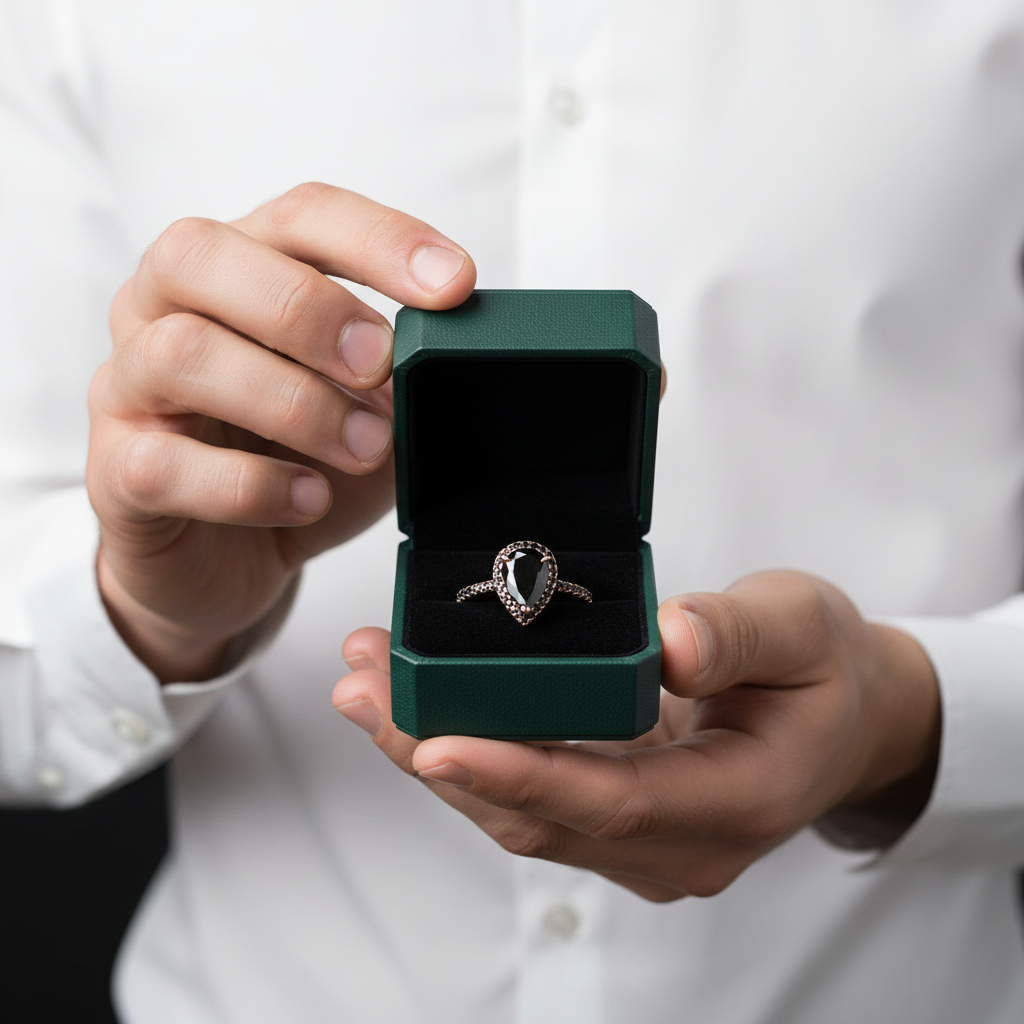 Unique Pear Cut Black Diamond Option with Halo Rose Gold Engagement Ring - Evani Naomi Jewelry