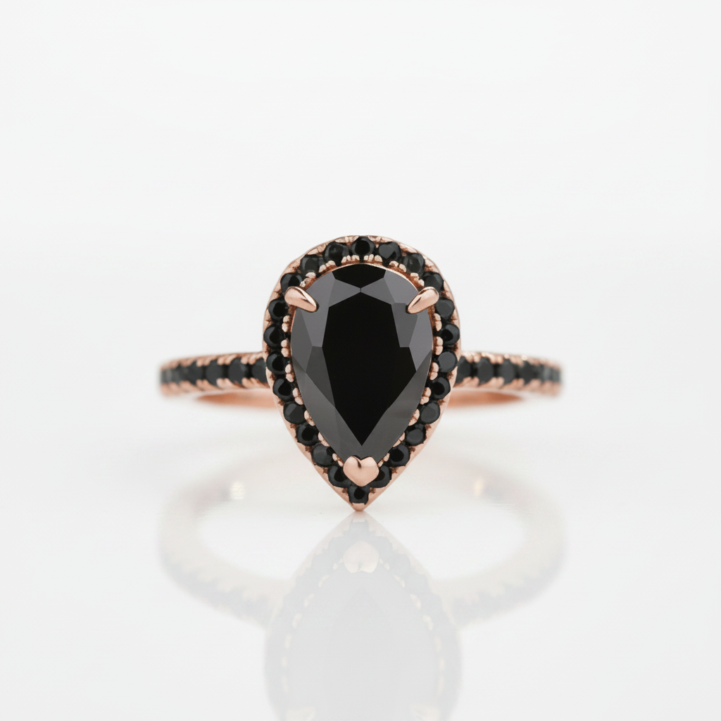 Unique Pear Cut Black Diamond Option with Halo Rose Gold Engagement Ring - Evani Naomi Jewelry