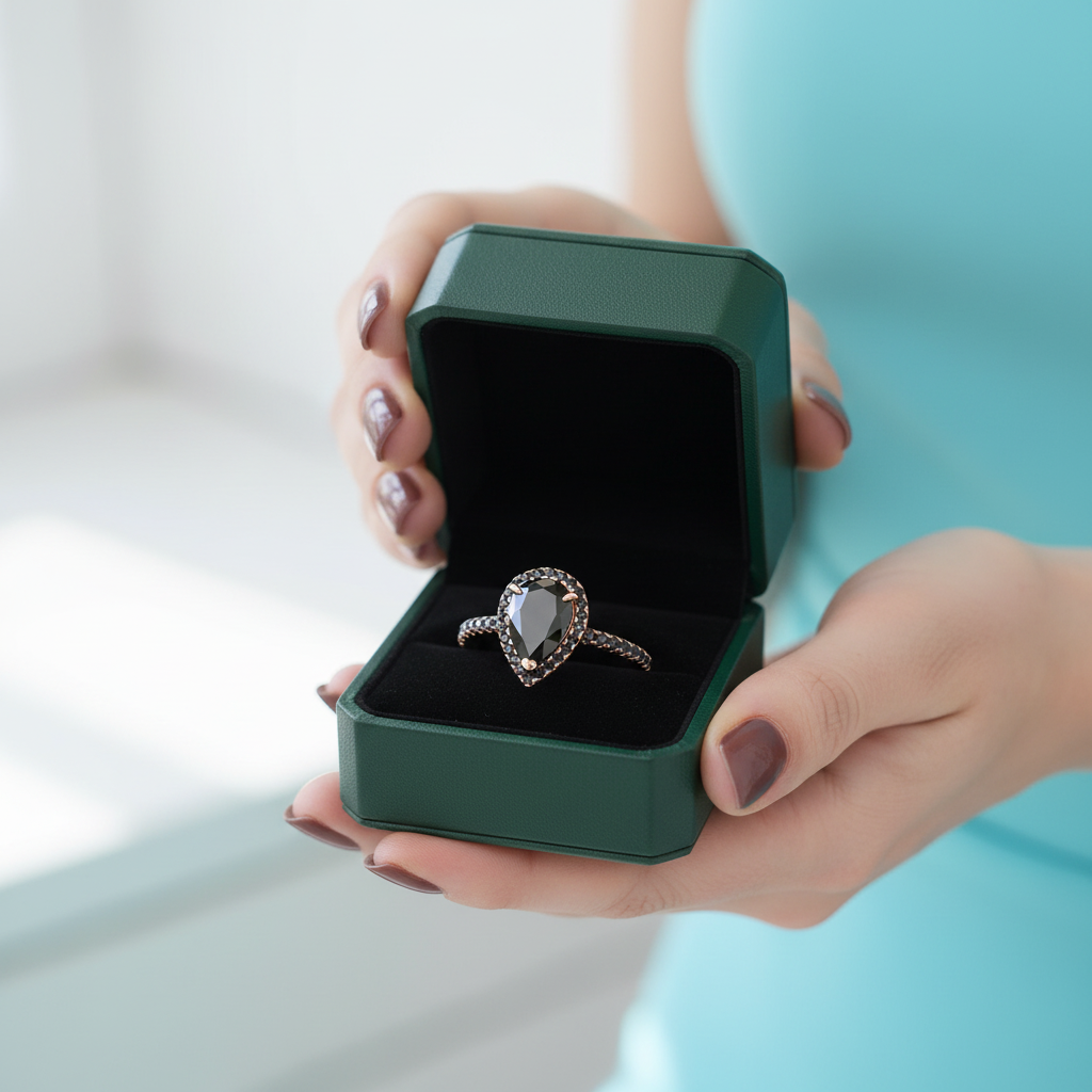 Unique Pear Cut Black Diamond Option with Halo Rose Gold Engagement Ring - Evani Naomi Jewelry